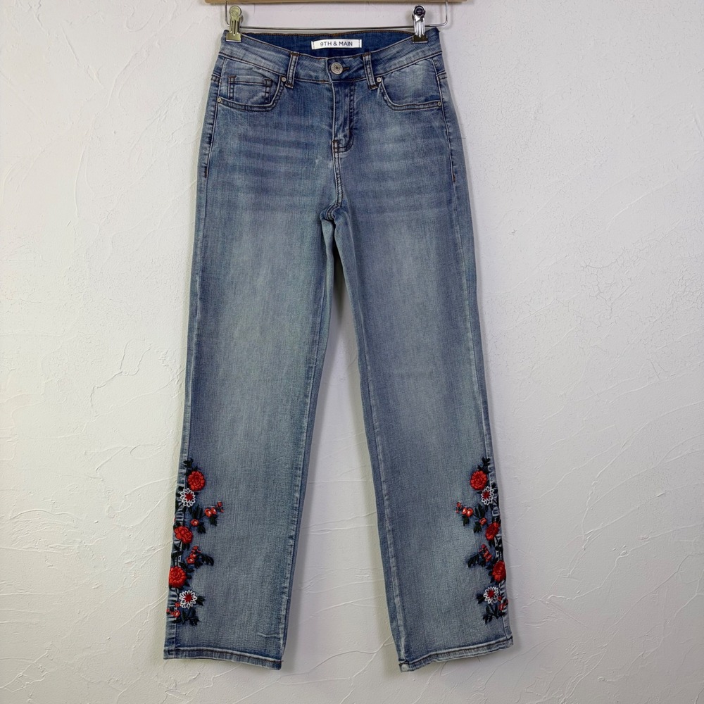 9th & Main Embroidered Floral Straight Leg Jeans Women 4 Blue Denim Boho Cottage
